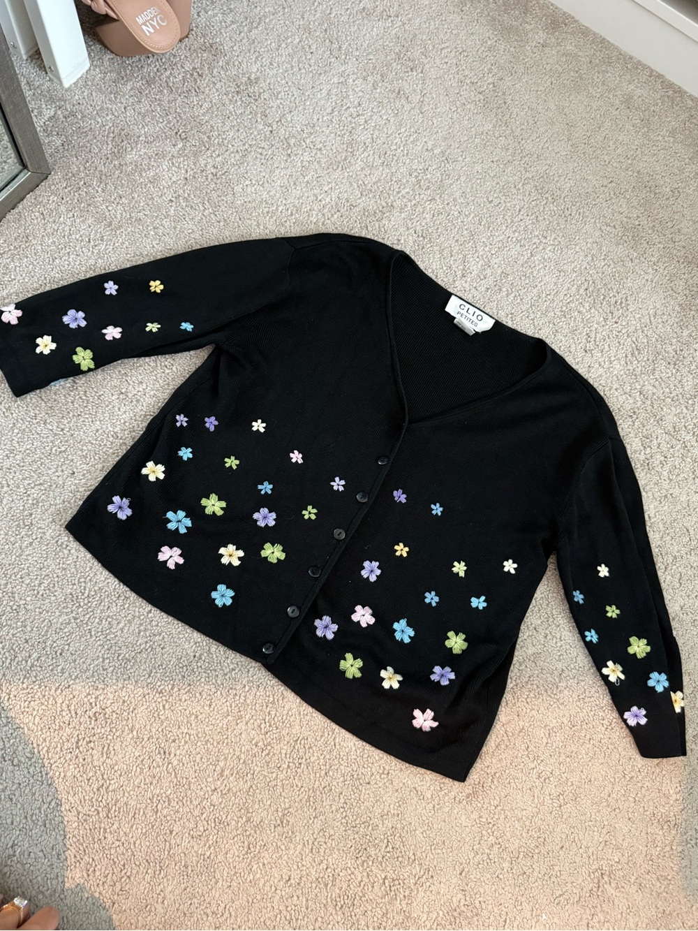 Vintage Clio Black V-Neck Cardigan with Multicolor Floral Appliqués